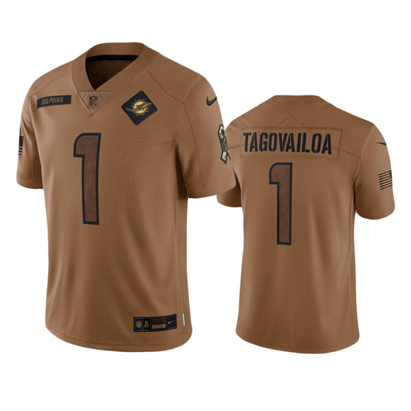  Mens Miami Dolphins #1 Tua Tagovailoa Brown 2023 Salute To Service Limited Jersey 