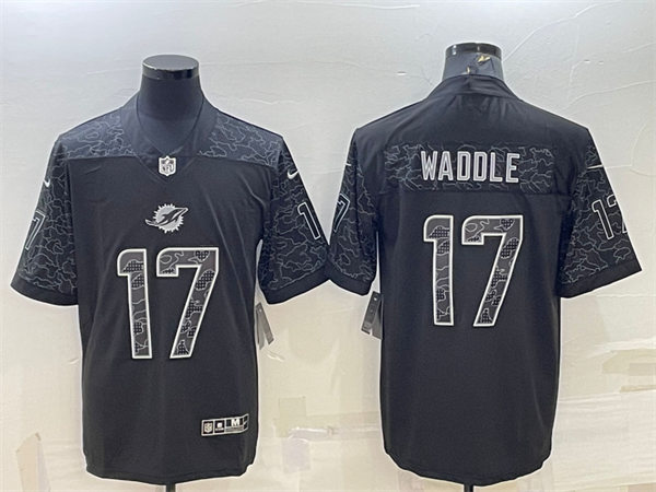  Mens Miami Dolphins #17 Jaylen Waddle 2022 Black Reflective Limited Jersey 