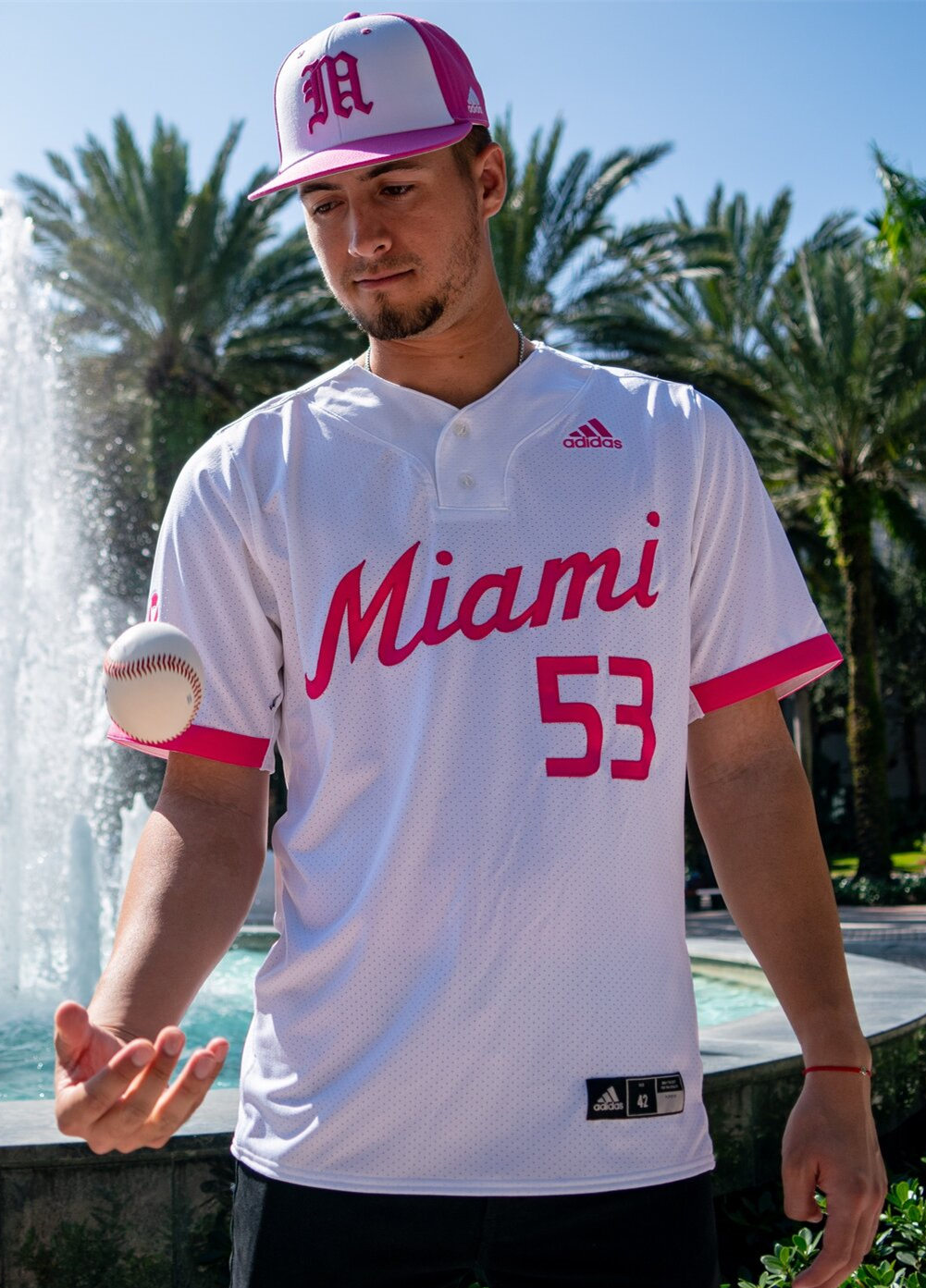  Mens Miami Hurricanes Custom Chris McMahon Slade Cecconi Adrian Del Castillo Adidas 2020 White Pink Fashion Baseball Jersey 