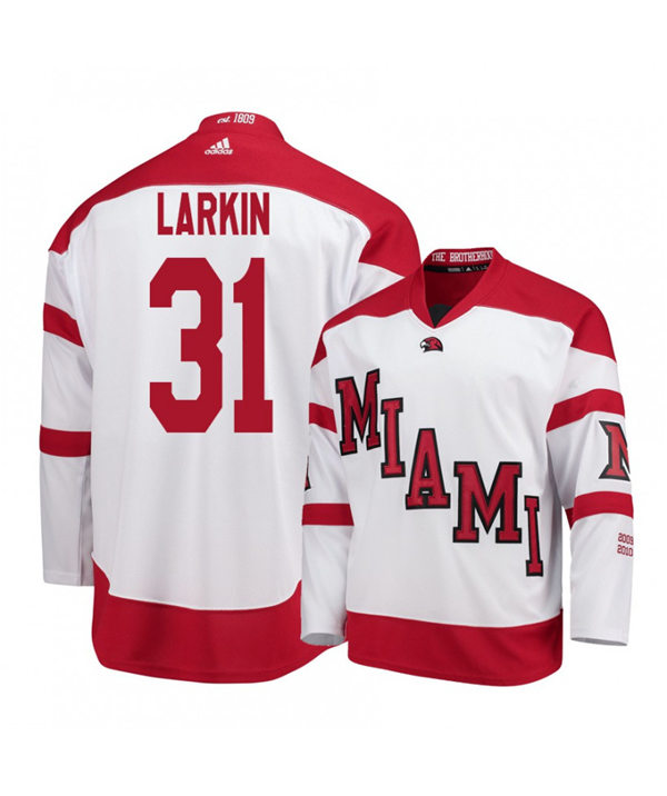  Mens Miami University RedHawks #31 Ryan Larkin White Stitched Adidas College Hockey Jersey