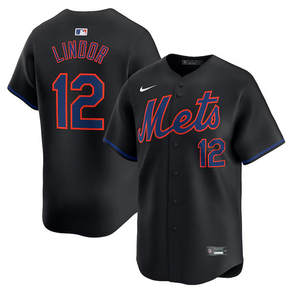  Mens New York Mets #12 Francisco Lindor Nike 2024 Black Alternate Limited Jersey 
