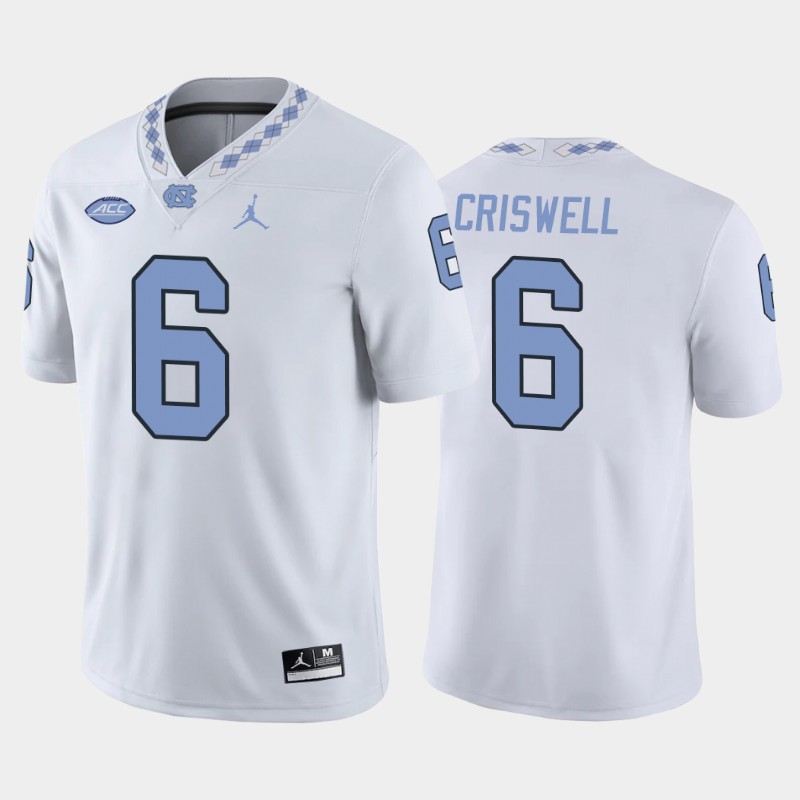  Mens North Carolina Tar Heels #6 Jacolby Criswell White College Football Game Jersey