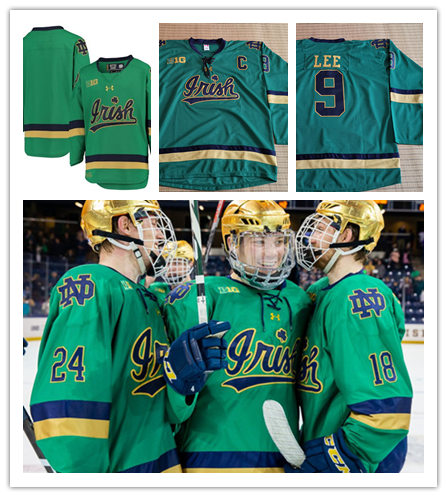  Mens Notre Dame Fighting Irish Custom Jake Evans Cal Petersen Steven Fogarty Anders Lee Robbie Russo Bryan Rust Under Armour 2018 Green Hockey Jersey 