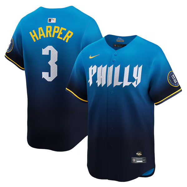  Mens Philadelphia Phillies #3 Bryce Harper Nike Blue 2024 City Connect Limited Player Jersey 