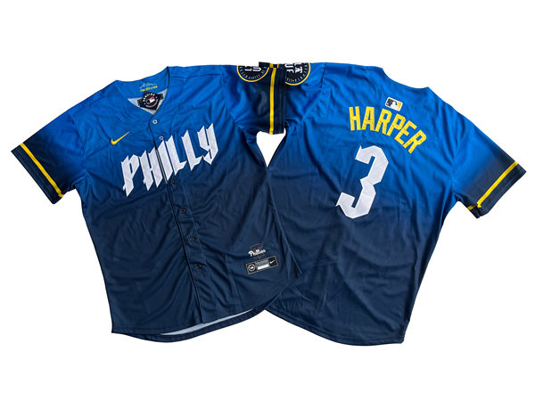  Mens Philadelphia Phillies #3 Bryce Harper Nike Blue 2024 City Connect Limited Player Jersey 