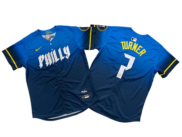  Mens Philadelphia Phillies #7 Trea Turner Nike Blue 2024 City Connect Limited Player Jersey 