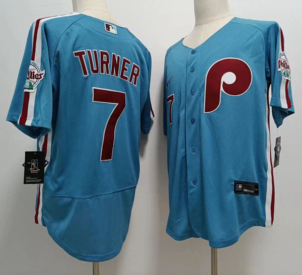  Mens Philadelphia Phillies #7 Trea Turner Nike Light Blue Alternate Authentic Jersey 
