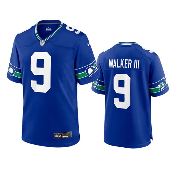  Mens Seattle Seahawks #9 Kenneth Walker III Royal Throwback Game Jersey 