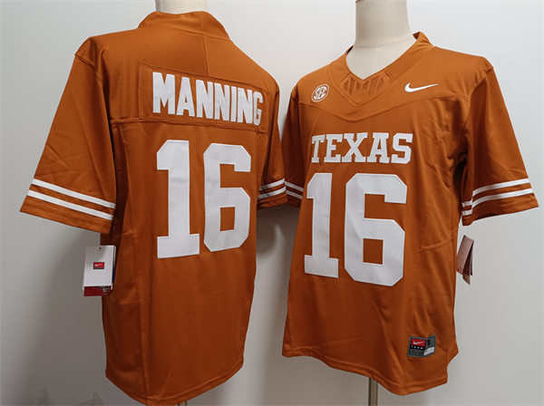  Mens Texas Longhorns #16 Arch Manning 2024 SEC Orange College Football Game Jersey 