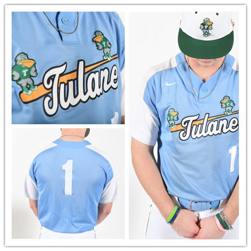  Mens Tulane Green Wave Custom Nike Blue Pullover With White Sleeve Baseball Jersey 