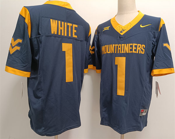  Mens West Virginia Mountaineers #1  Jahiem White 2024 Navy F.U.S.E. Limited Football Game Jersey 