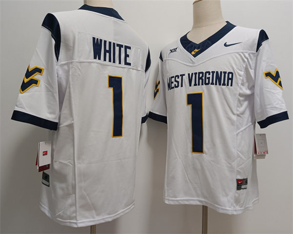  Mens West Virginia Mountaineers #1  Jahiem White 2024 White F.U.S.E. Limited Football Game Jersey 