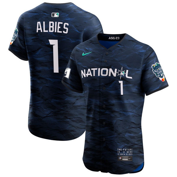  Mens Youth Atlanta Braves #1 Ozzie Albies National League 2023 MLB All-Star Game Limited Player Jersey Navy 