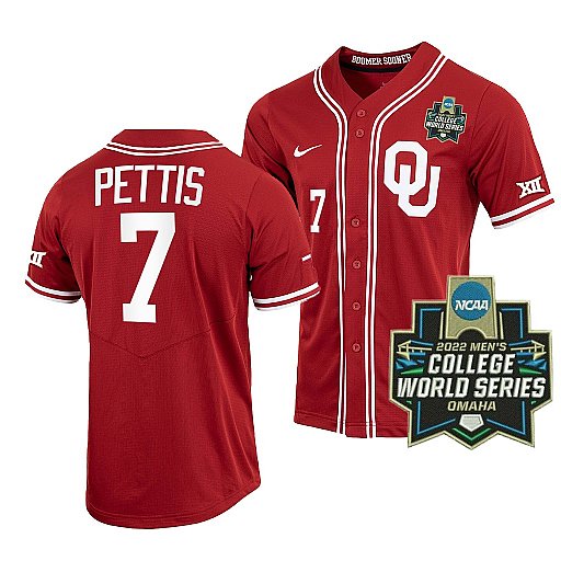  Mens Youth Oklahoma Sooners #7 Kendall Pettis Crimson With Strip 2022 College World Series Baseball Jersey