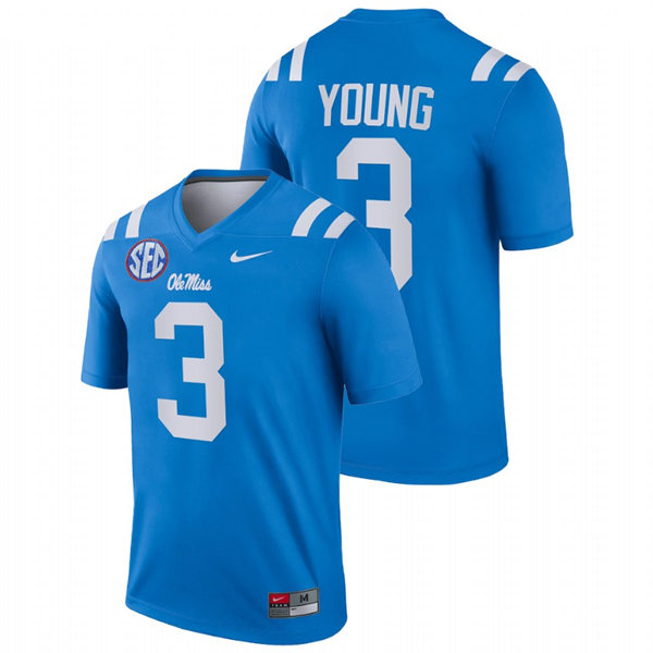  Mens Youth Ole Miss Rebels #3 Isheem Young 2022 Blue College Football Game Jersey