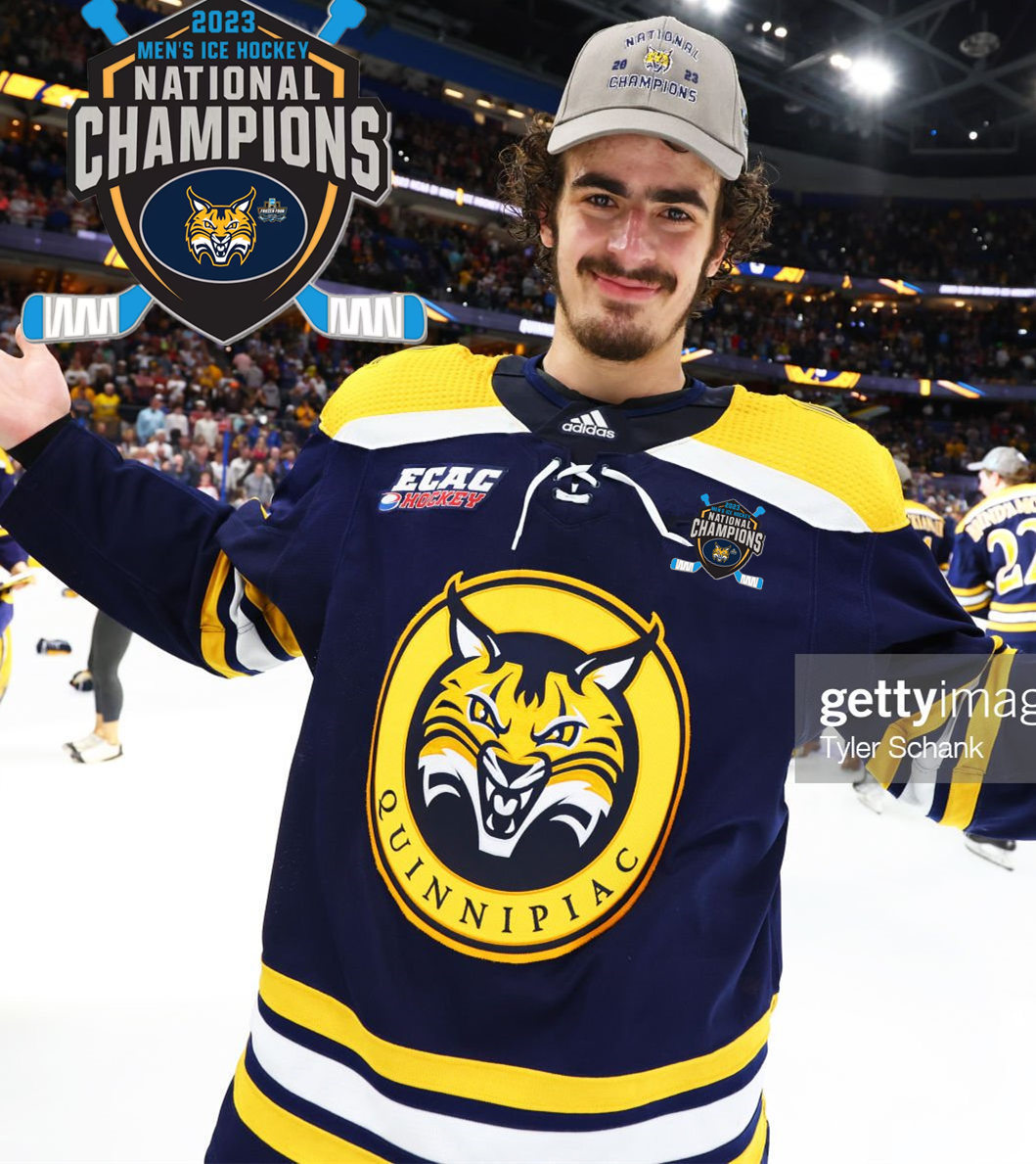  Mens Youth Quinnipiac Bobcats Custom 2023 NCAA Ice Hockey National Champions Jersey Navy Gold 