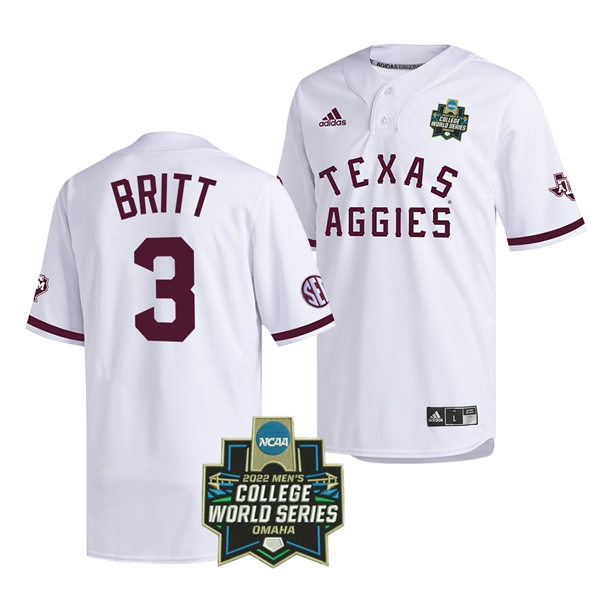  Mens Youth Texas A&M Aggies #3 Logan Britt 2022 White Pullover College World Series Baseball Game Jersey 