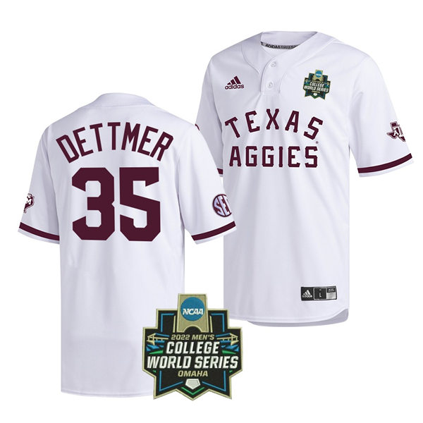  Mens Youth Texas A&M Aggies #35 Nathan Dettmer 2022 White Pullover College World Series Baseball Game Jersey 