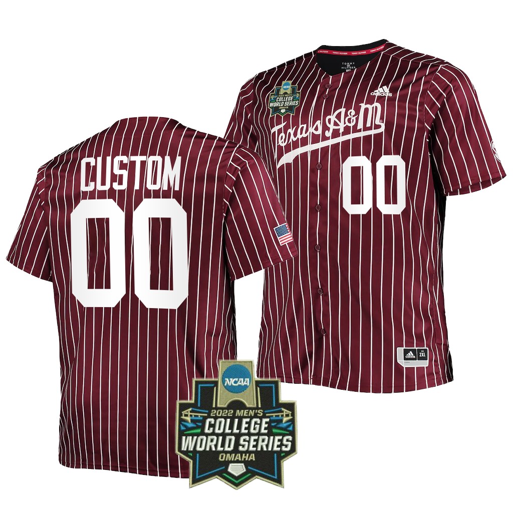  Mens Youth Texas A&M Aggies Custom Adidas 2022 Maroon Pinstripe College World Series Baseball Game Jersey 