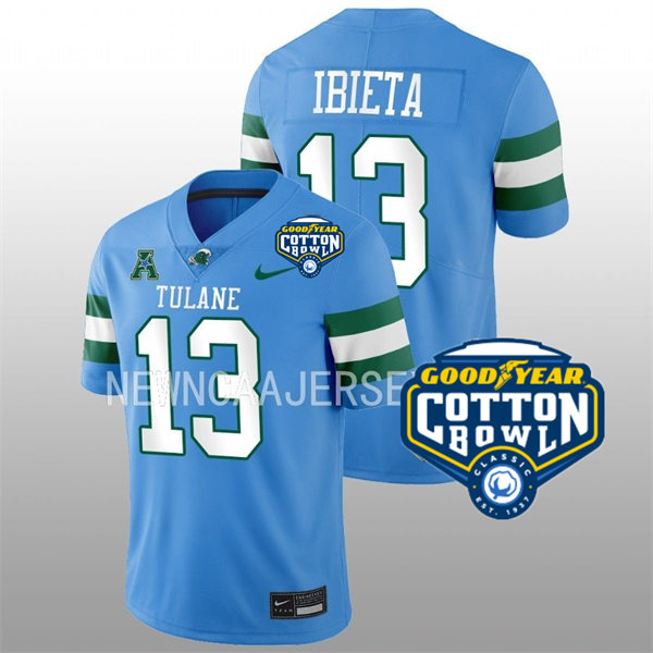  Mens Youth Tulane Green Wave #13 Justin Ibieta College Football 2022 Cotton Bowl Game Jersey Light Blue 