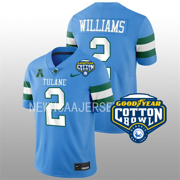  Mens Youth Tulane Green Wave #2 Dorian Williams College Football 2022 Cotton Bowl Game Jersey Light Blue