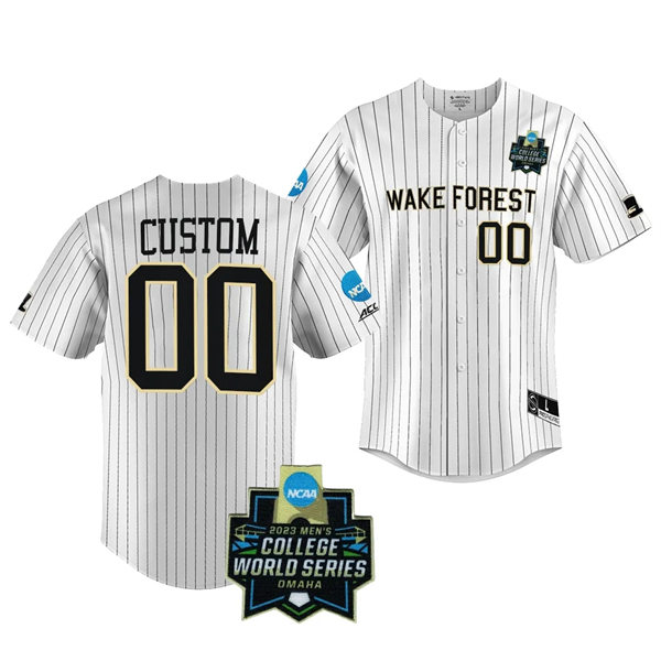  Mens Youth Wake Forest Demon Deacons Custom Nike White Pinstripe Button 2023 College Baseball World Series Jersey 
