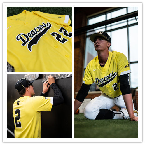 Mens Youth Wake Forest Demon Deacons Custom Nike Yellow Deacons College baseball Game Jersey 