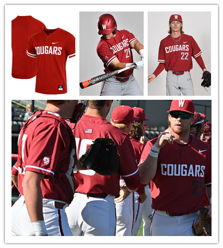  Mens Youth Washington State Cougars Custom Crimson two-Button Pullover College Baseball Game Jersey 