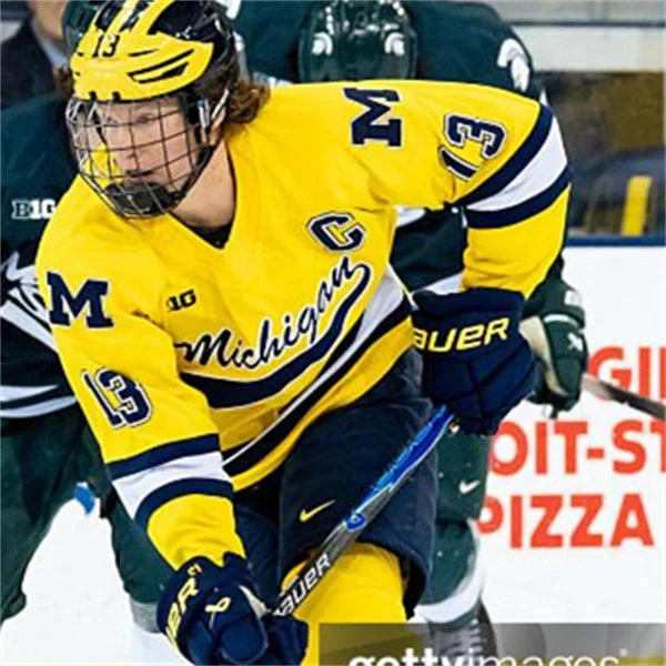  Michigan Wolverines #13 T. J. Hughes 2025-26 Maize Hockey Game Jersey 