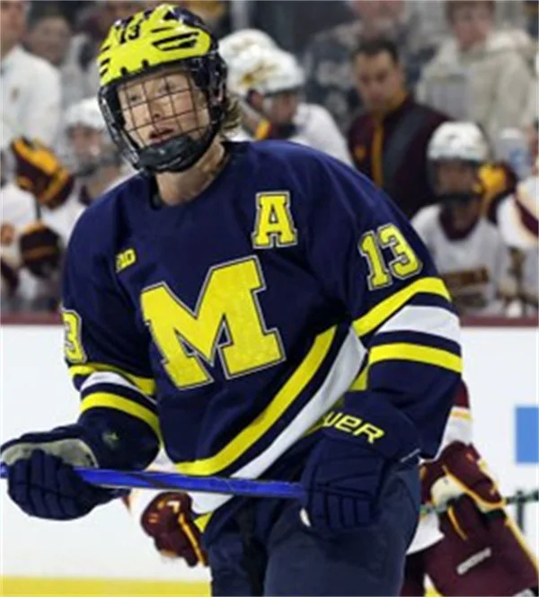  Michigan Wolverines #13 T. J. Hughes 2025-26 Navy Hockey Game Jersey 