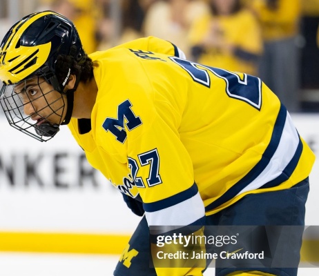  Michigan Wolverines #27 Malcolm Spence 2025-26 Maize Hockey Game Jersey 