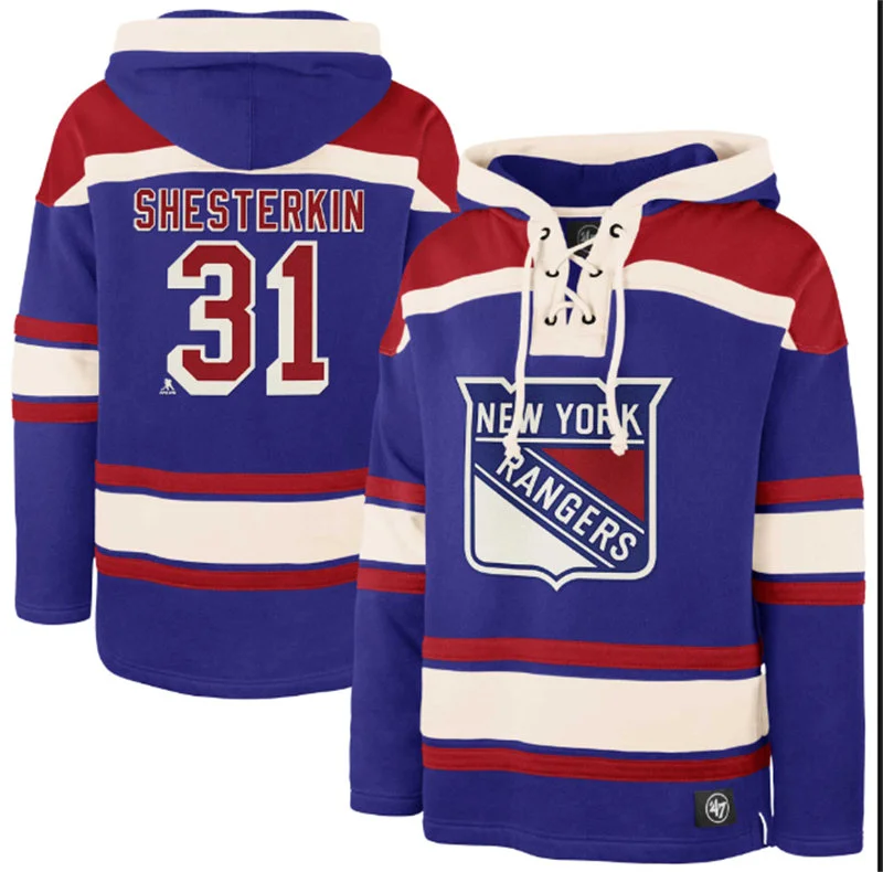  New York Rangers #31 Igor Shesterkin Lacer Pullover Hoodie - Royal 