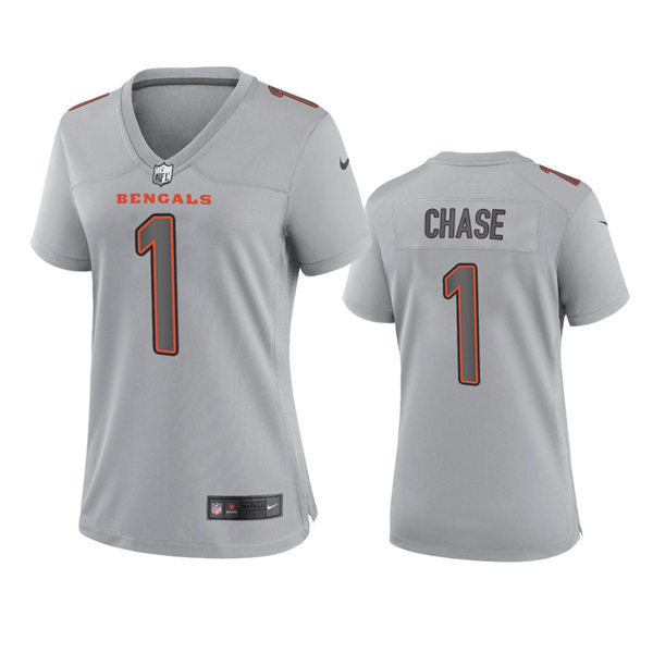  Women's Cincinnati Bengals #1 Ja'Marr Chase Gray Atmosphere Fashion Game Jersey 