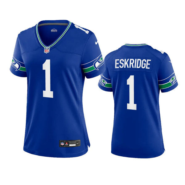  Women's Seattle Seahawks #1 D'Wayne Eskridge Royal Throwback Game Jersey 