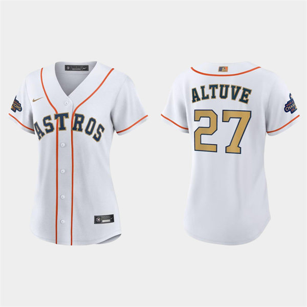  Women Houston Astros #27 Jose Altuve White 2023 Gold Collection Replica Jersey 