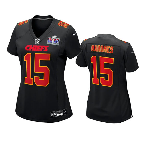  Women Kansas City Chiefs #15 Patrick Mahomes 2024 Super Bowl LVIII Black Carbon Fashion Game Player Jersey 