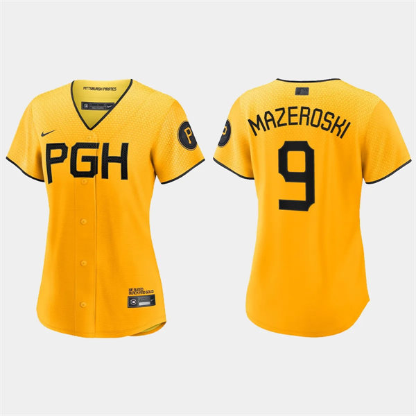  Women Pittsburgh Pirates #9 Bill Mazeroski Gold 2023 City Connect Replica Jersey 