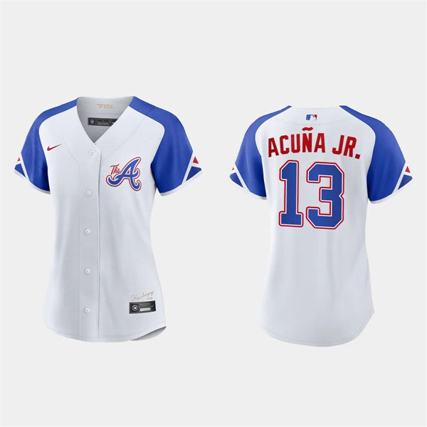  Womens Atlanta Braves #13 Ronald Acuna Jr. White 2023 City Connect Jersey 