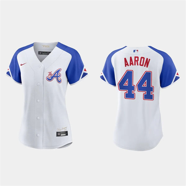  Womens Atlanta Braves #44 Hank Aaron White 2023 City Connect Jersey 