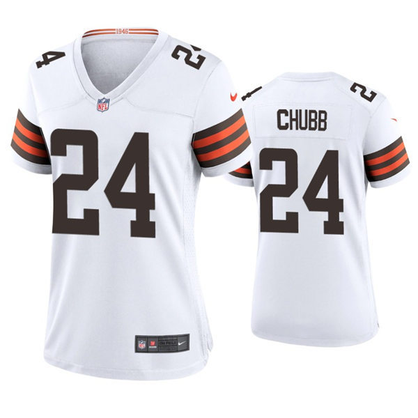  Womens Cleveland Browns #24 Nick Chubb Nike White Away Vapor Limited Jersey 
