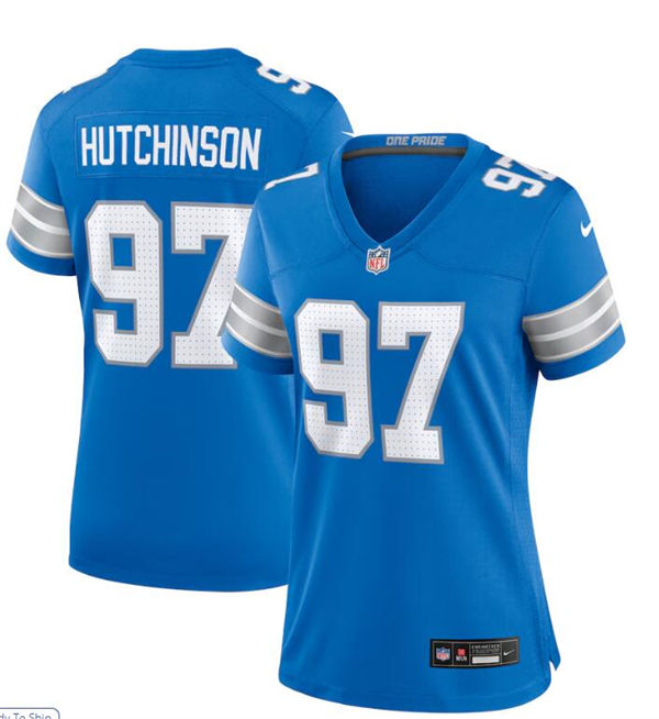  Womens Detroit Lions #97 Aidan Hutchinson  2024 Blue Limited Jersey 