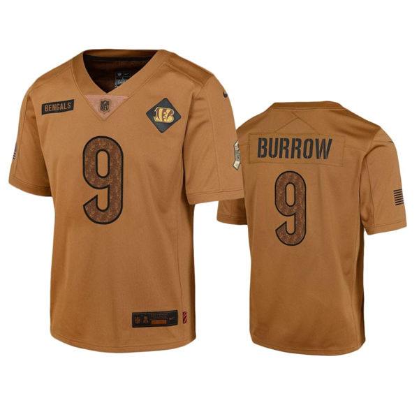  Youth Cincinnati Bengals #9 Joe Burrow Brown 2023 Salute To Service Limited Jersey 