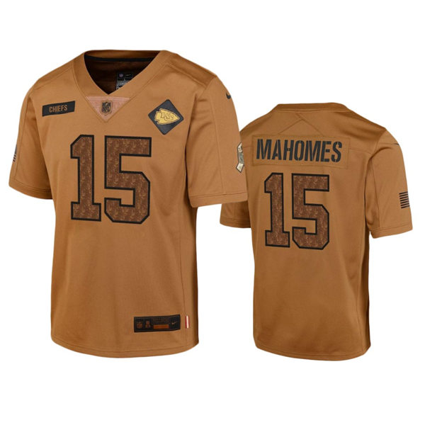  Youth Kansas City Chiefs #15 Patrick Mahomes Brown 2023 Salute To Service Limited Jersey 