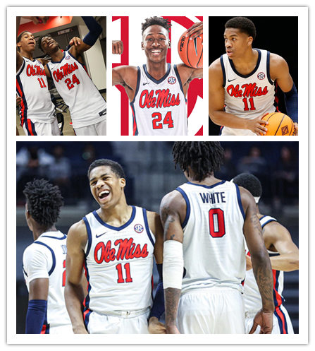  Youth Ole Miss Rebels Custom Bruce Stevens Terence Davis II Markel Crawford Marshall Henderson Nike 2020 White Navy Neck Ole Miss Basketball Jersey 