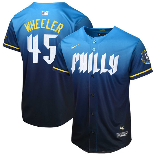  Youth Philadelphia Phillies #45 Zack Wheeler Nike Blue 2024 City Connect Limited Player Jersey 