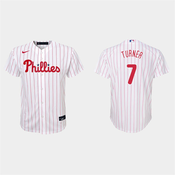  Youth Philadelphia Phillies #7 Trea Turner Nike White Pinstripe Home Coolbase Jersey 