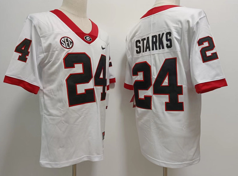 Mens Georgia Bulldogs #24 Malaki Starks Block Number College Football Game Jersey White