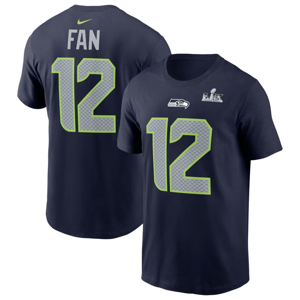 12 FAN Seattle Seahawks Nike Super Bowl LX Patch Name & Number T-Shirt - College Navy