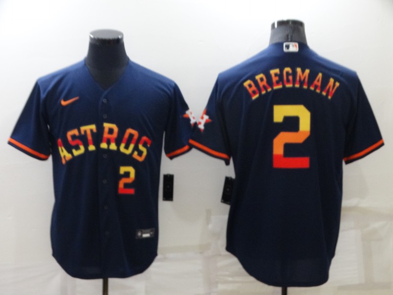 1Men's Houston Astros #2 Alex Bregman Number Navy Blue Rainbow Stitched MLB Cool Base Nike Jersey