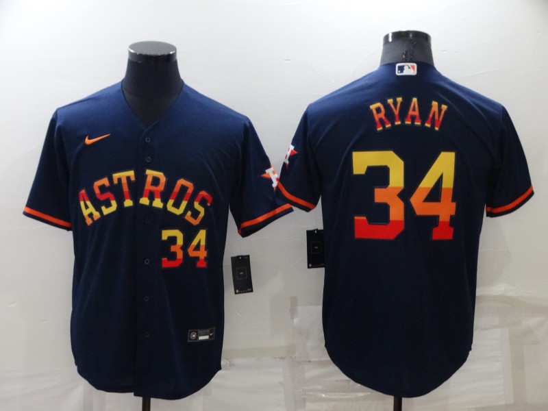 1Men's Houston Astros #34 Nolan Ryan Number Navy Blue Rainbow Stitched MLB Cool Base Nike Jersey